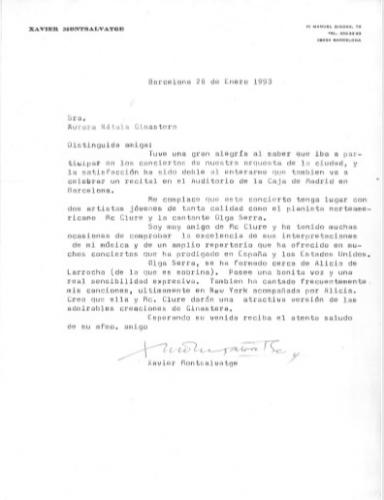 Carta a Aurora Nátola de X Montsalvatge